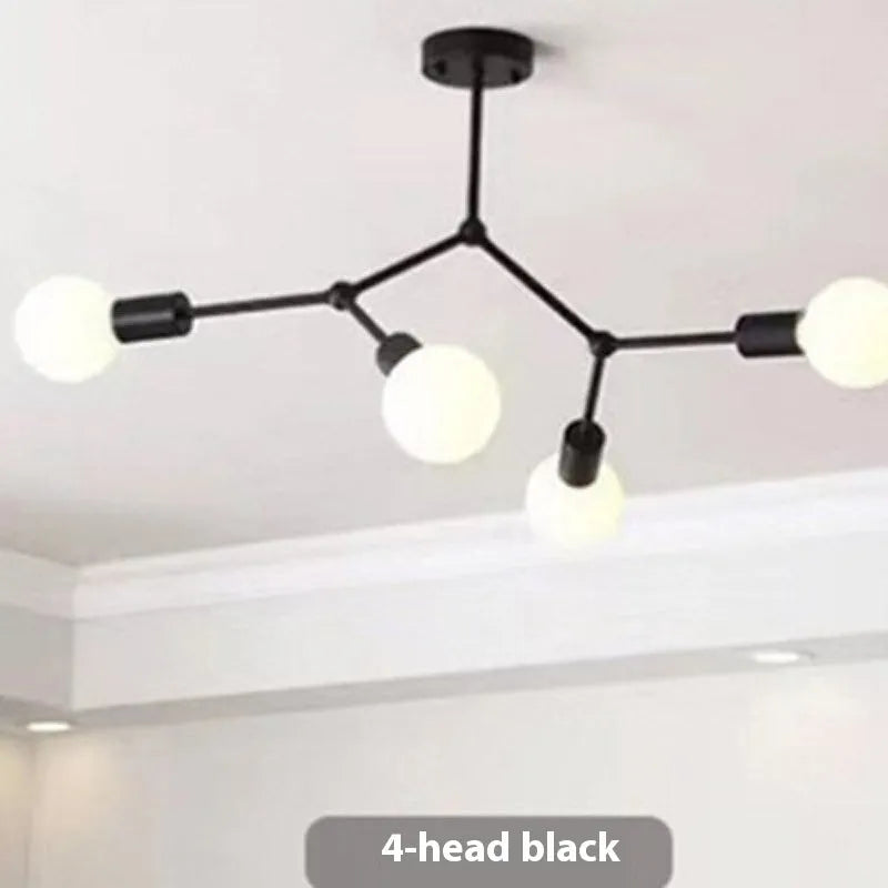 Iron Nordic style chandelier ceiling lamp in black or white with multiple light heads.