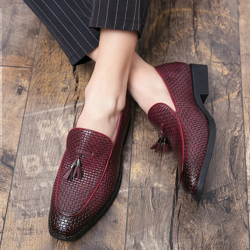 Men's black pointed slip on shoes with tassel detail on artificial PU upper