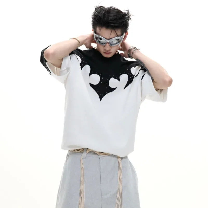 Men's cotton short sleeve shirt with burnt flower pattern featuring three-dimensional stitching embroidery and rhinestone detailing