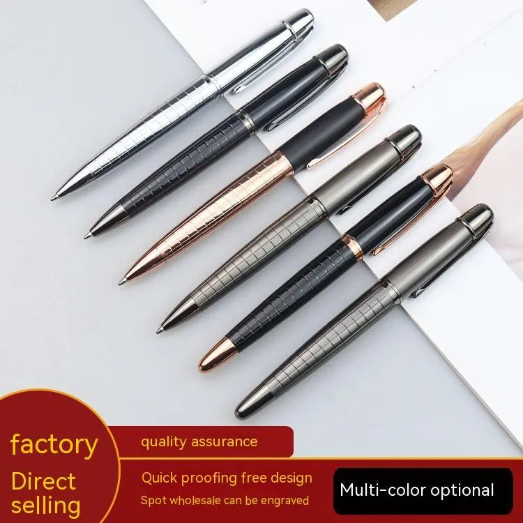 Gun grey metal roller pen showing 13.5cm length with black and blue refill options
