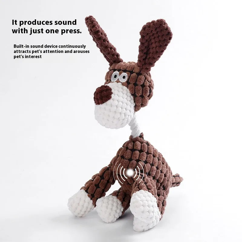 Bite-resistant plush dog chew toy showing donkey, duck, and elephant style options with squeaker