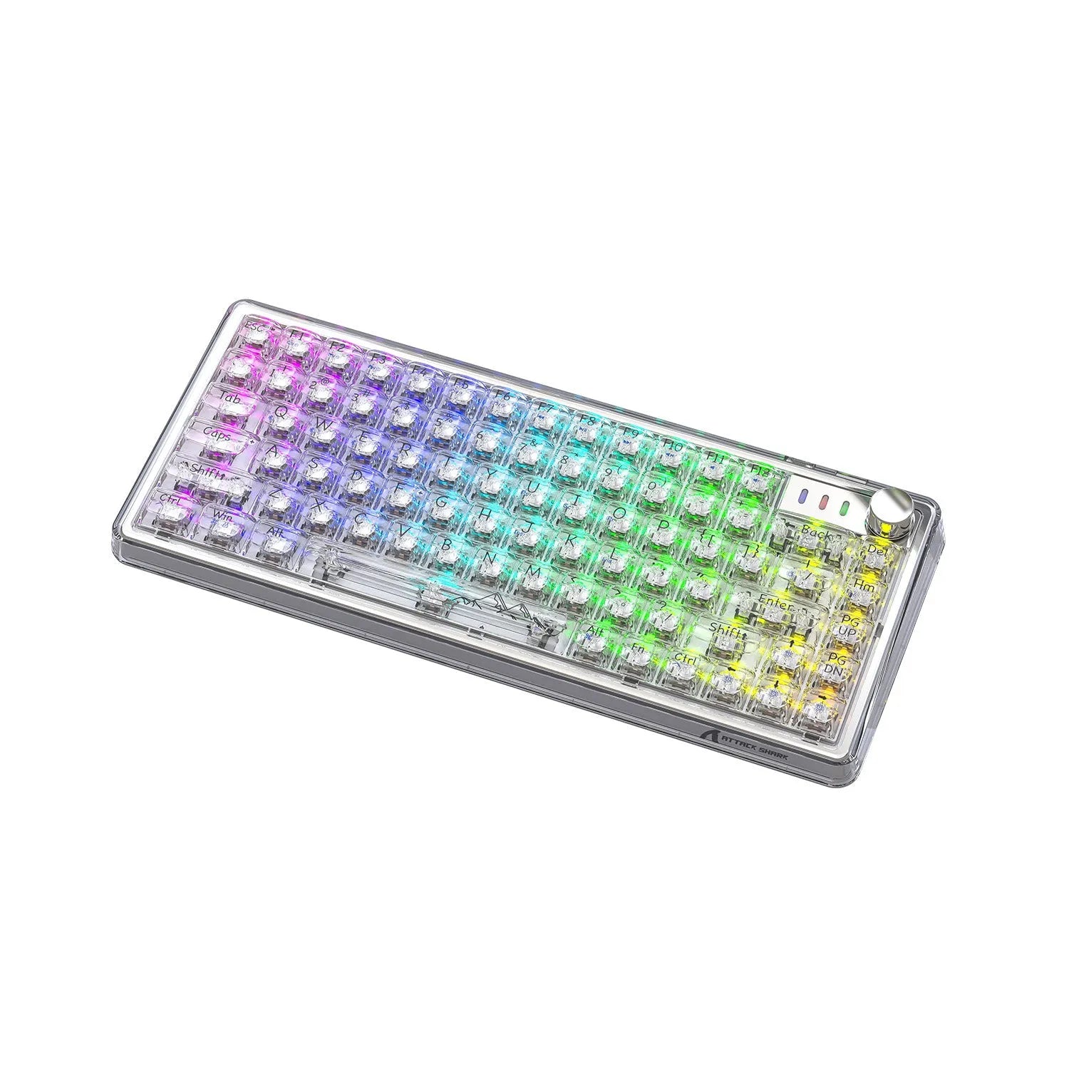 Attack Shark K75 RGB wireless mechanical keyboard with transparent PC case showing internal lighting