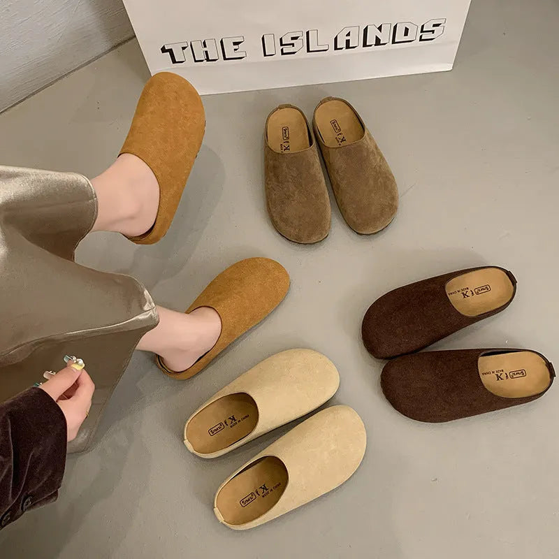 Korean style slip-on slippers in apricot colour with flat soft sole and microfiber upper