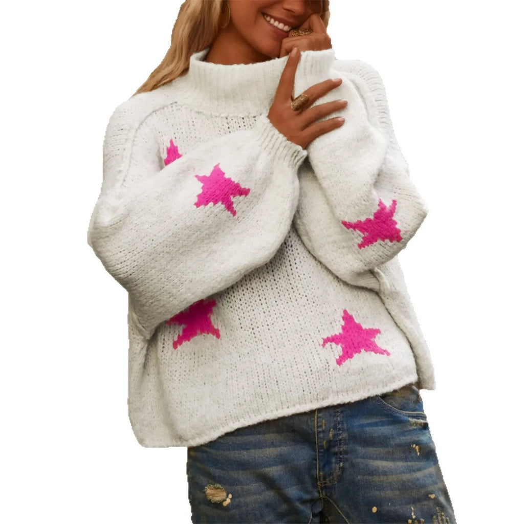 Women's white turtleneck pullover with five-pointed star pattern and loose fit design