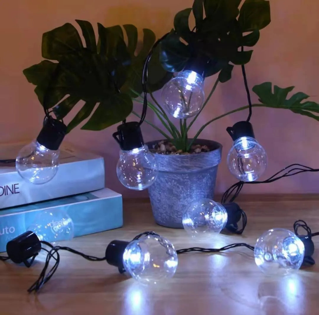 10 metre black wire solar decorative lights with 40 lamps in warm white and transparent ball colour options