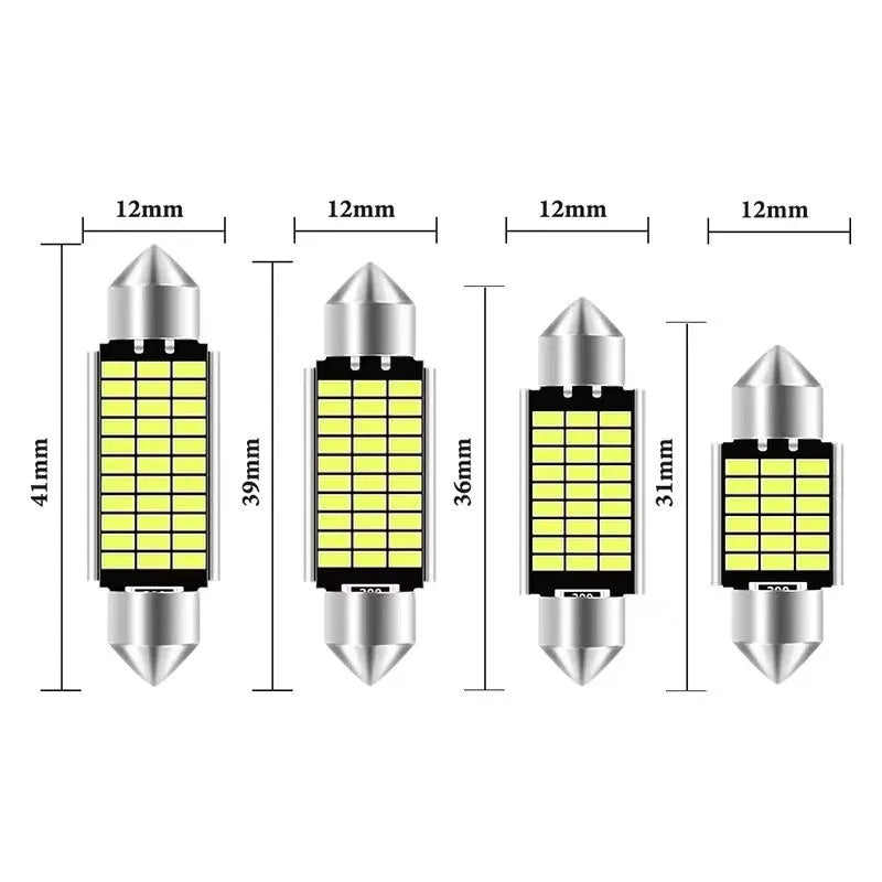 Car interior LED decoder light with aluminium housing and double-tip metal connector in white.
