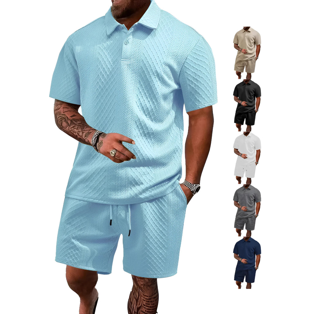 Men's patterned cloth casual short sleeve suit set with polo shirt and trousers on a hanger