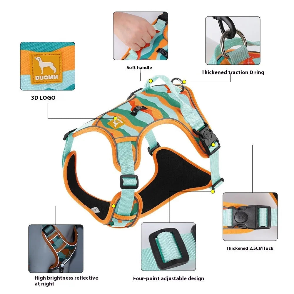Reflective orange dog harness and leash set on a dog, showing chest and back straps and hand-holding rope.
