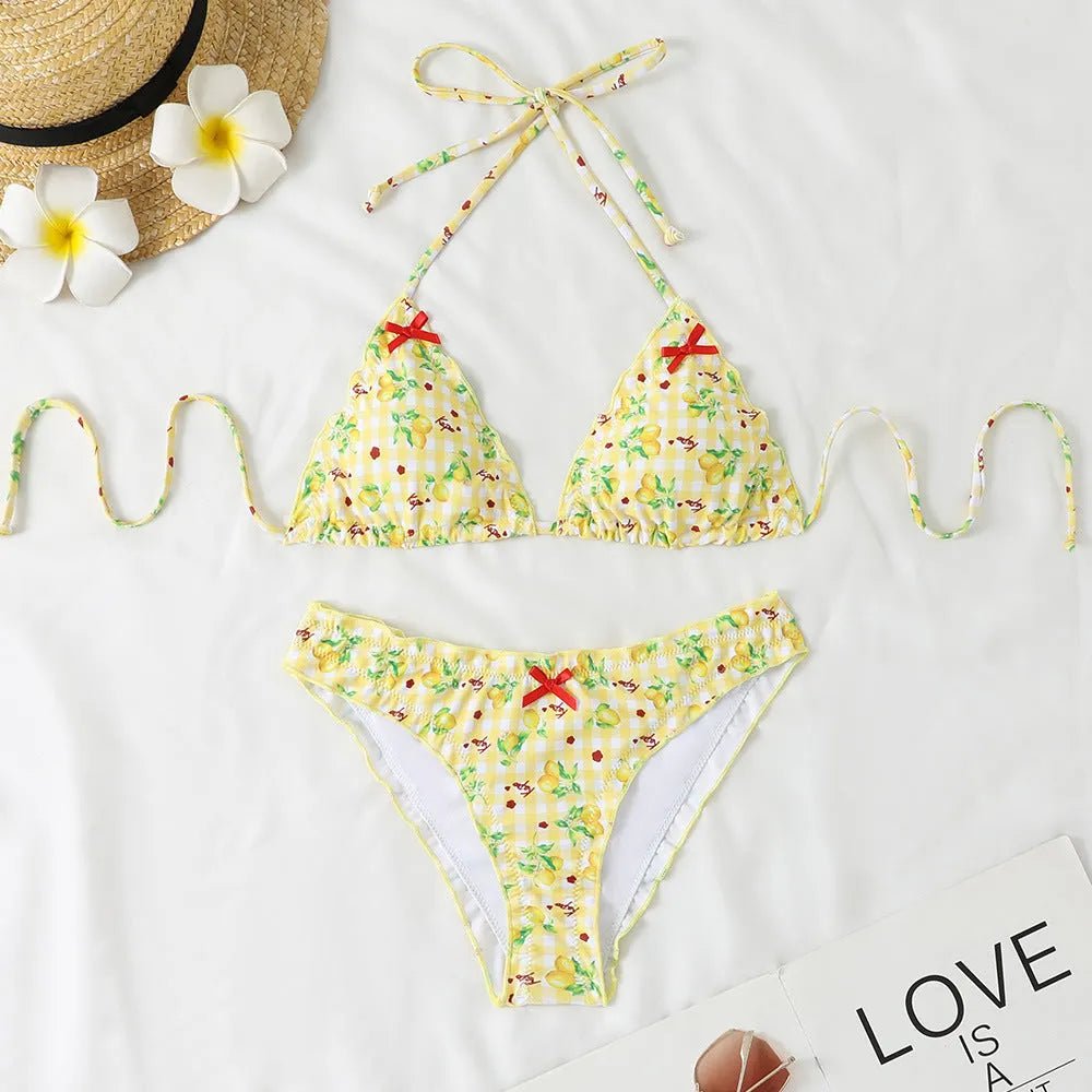 Floral backless two-piece bikini set with nylon fabric and polyester lining in sizes S M L