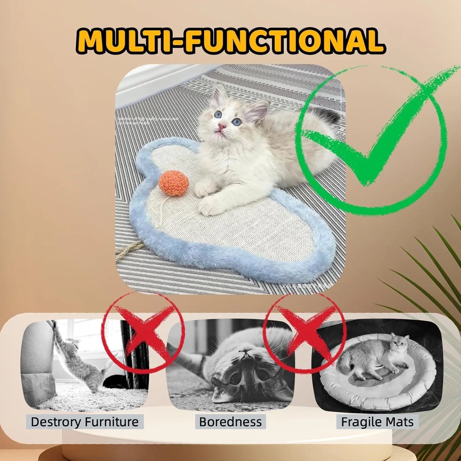 White sisal cat scratching mat with sleeping cat cartoon design mounted on a wall