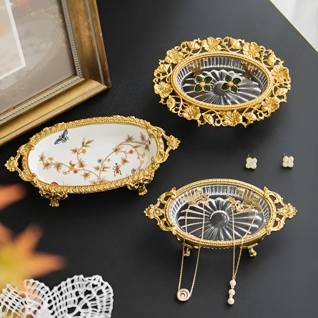 Aluminium jewellery storage dish with French Versailles carved crystal decorative tray design in two colour options