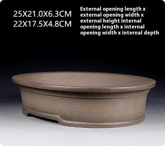 Handmade antique purple sand ceramic oval flower pot for succulents, dimensions 25cm by 21cm.