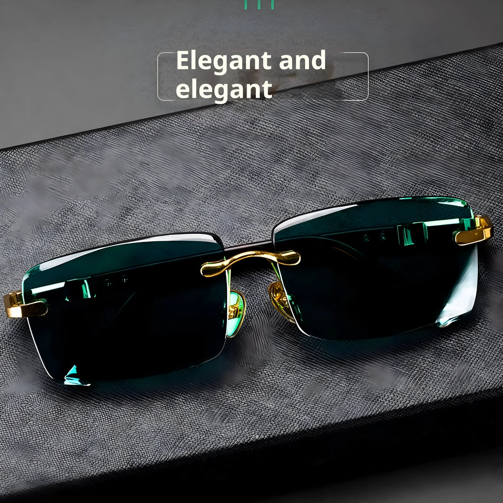 Frameless dark green crystal sunshade glasses with protective case and cleaning cloth