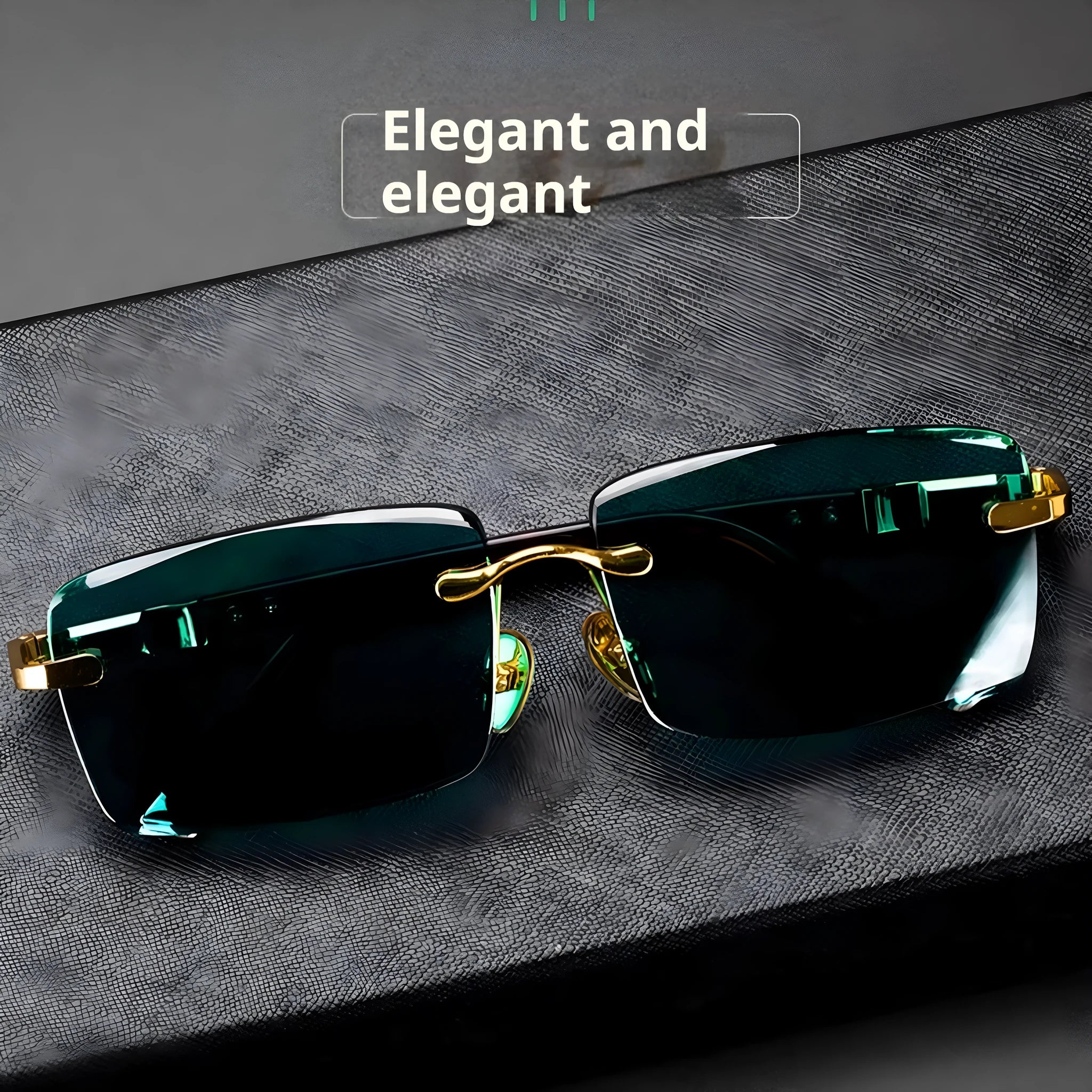 Frameless dark green crystal sunshade glasses with protective case and cleaning cloth