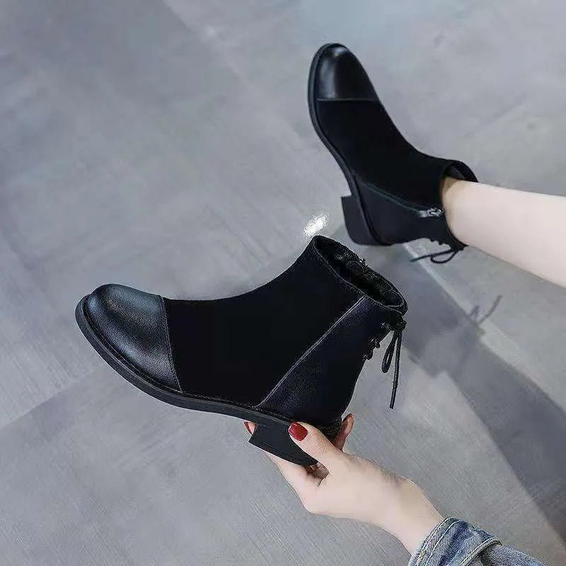 Black women's knee-length Martin boots with side zipper and round toe
