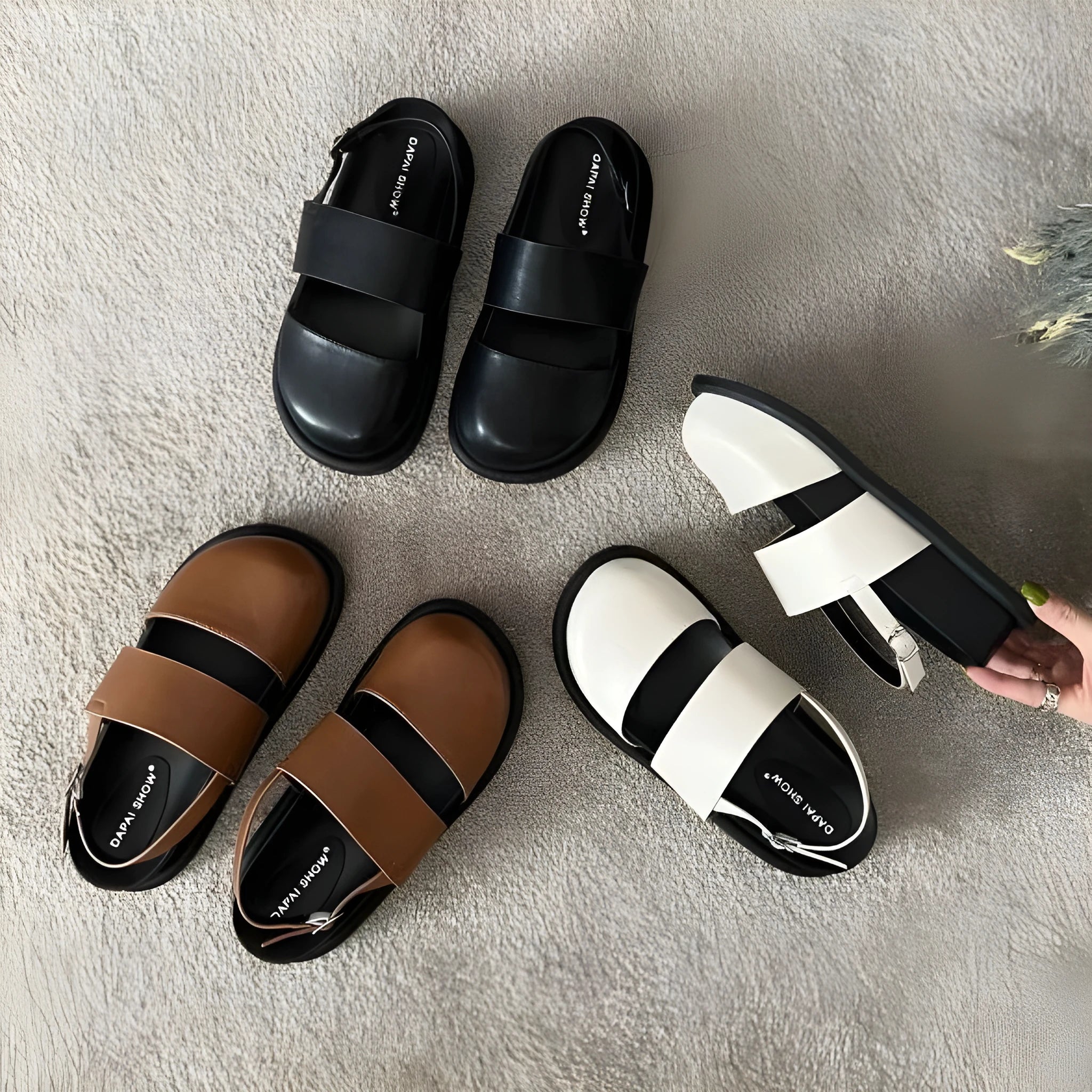 Korean retro sandals with closed toe design and adjustable ankle strap buckle in microfiber material