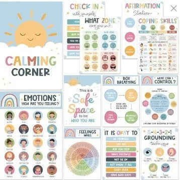 Calm corner poster set with 12 calm posters and 16 educational posters in puzzle style for classroom decoration