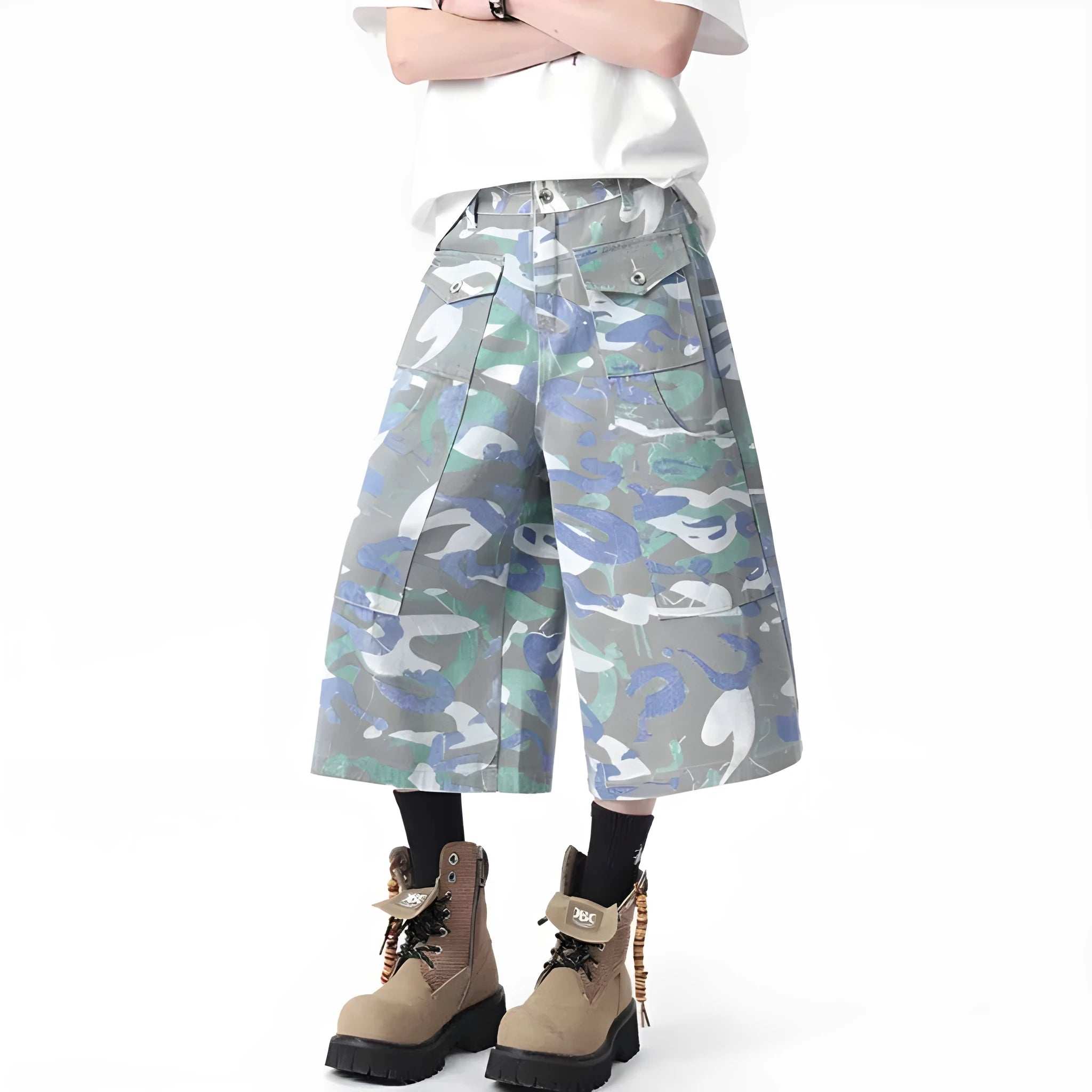 Camouflage colour cotton denim cropped work trousers with patch pockets and straight leg cut