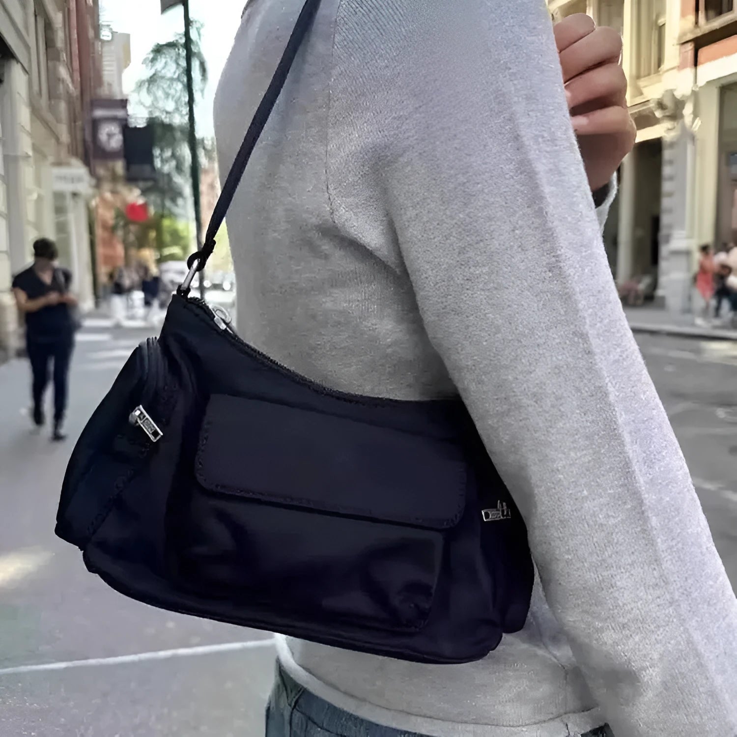 Black lightweight PU women's shoulder bag with double pockets and side-line detailing