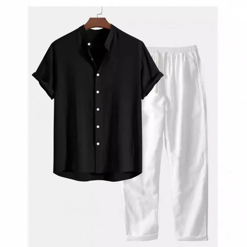 Men's casual linen-style shirt and trousers two-piece set in coordinating colours