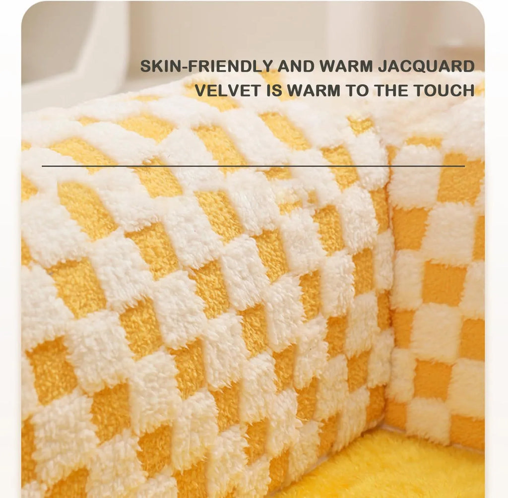 Fan-shaped plush dog cat bed with tunnel and sleeping area in coffee colour