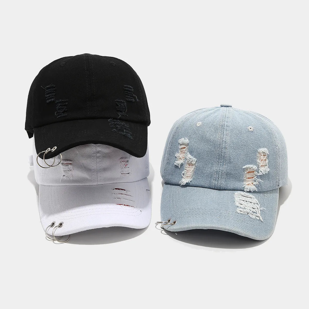 Men's adjustable denim peaked cap with dome crown in black, white, or light blue jeans colours