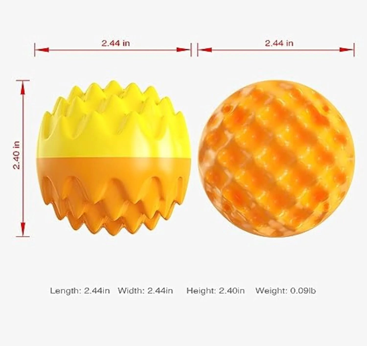 Blue or orange squeaky rubber dog ball with spiky dental cleaning texture
