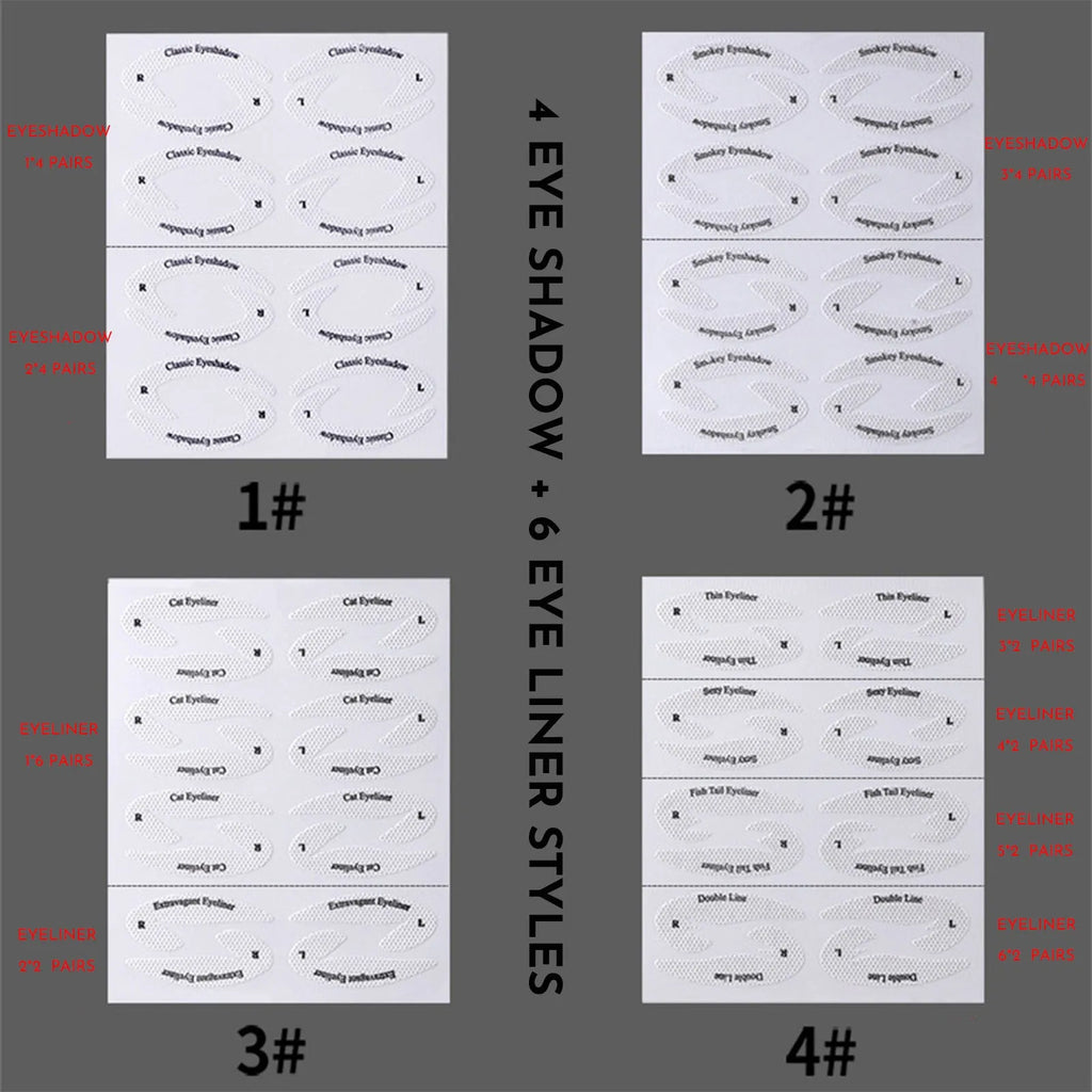 Pack of four reusable flexible eyeliner and eyeshadow makeup stencil stickers on a pink background