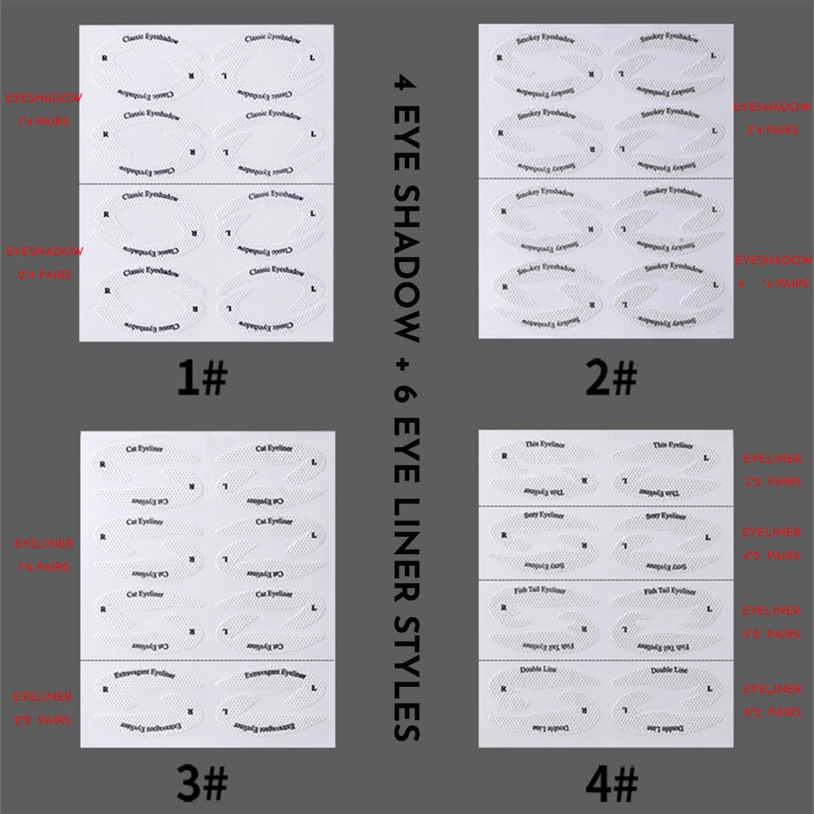 Pack of four reusable flexible eyeliner and eyeshadow makeup stencil stickers on a pink background