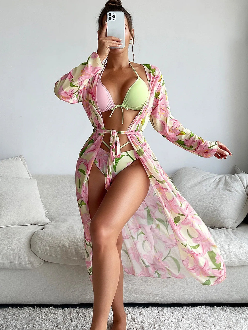 Printed quick-dry polyester bikini swimsuit for European and American women in S M L XL sizes