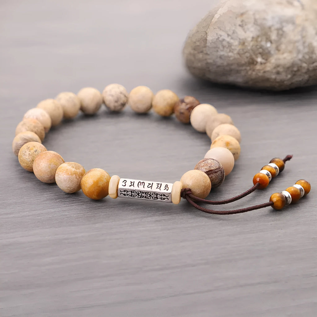 Handmade stone bead bracelet with wood colour finish in European American retro simple style