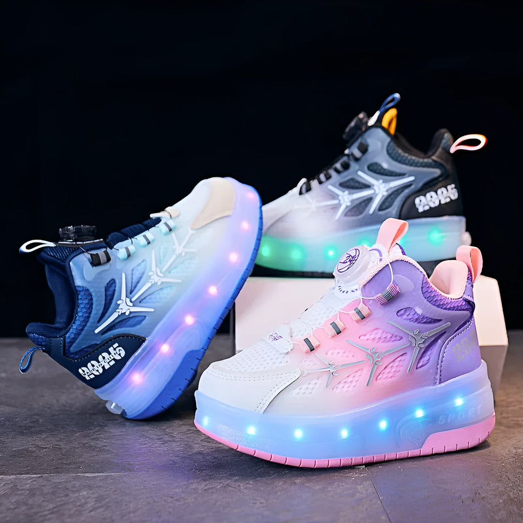 Children's flash knob roller skating shoes with twist button fastening in blue, black, or pink colours with stripe pattern