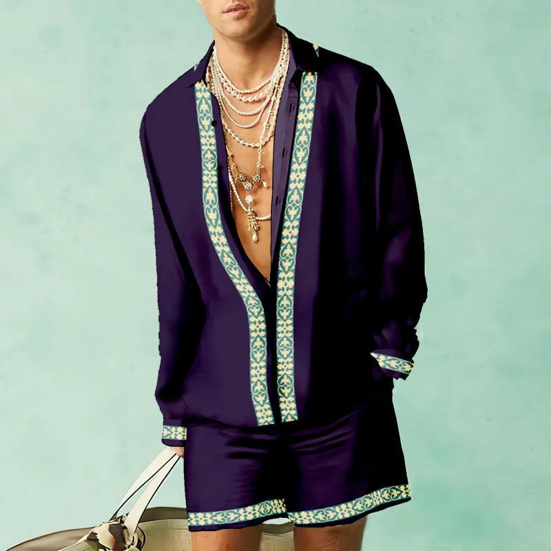 Man wearing a colour block long sleeve shirt with matching casual shorts from a summer outfit set.