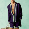 Man wearing a colour block long sleeve shirt with matching casual shorts from a summer outfit set.