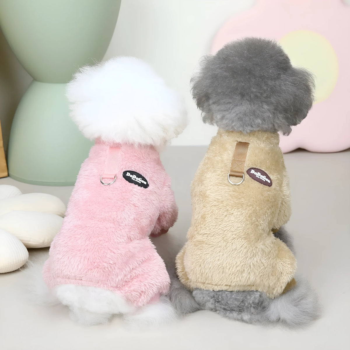 Small dog coral fleece four-leg fluffy coat in brown, pink or gray, sizes S to XXL