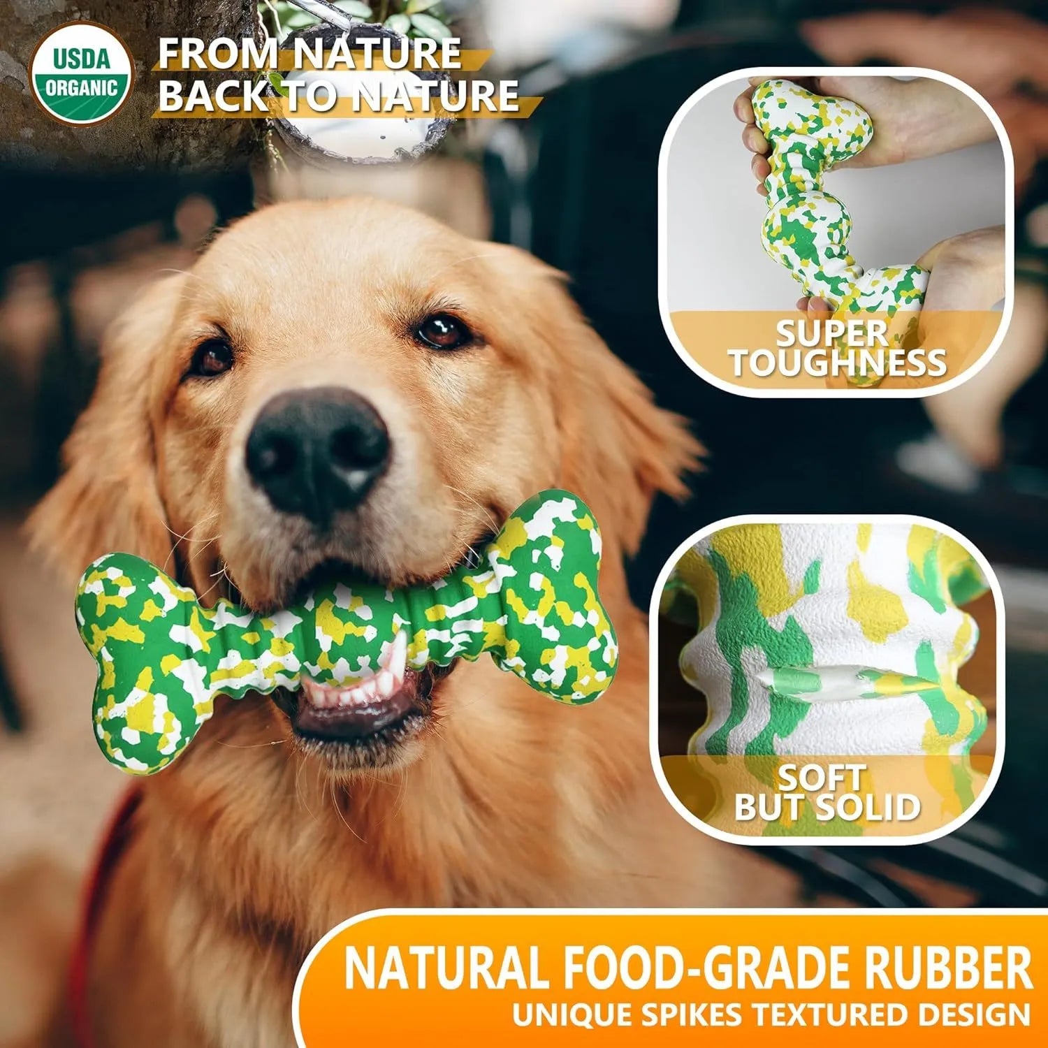 Natural rubber dog chew toy with camouflage pattern in green, white, and yellow colours