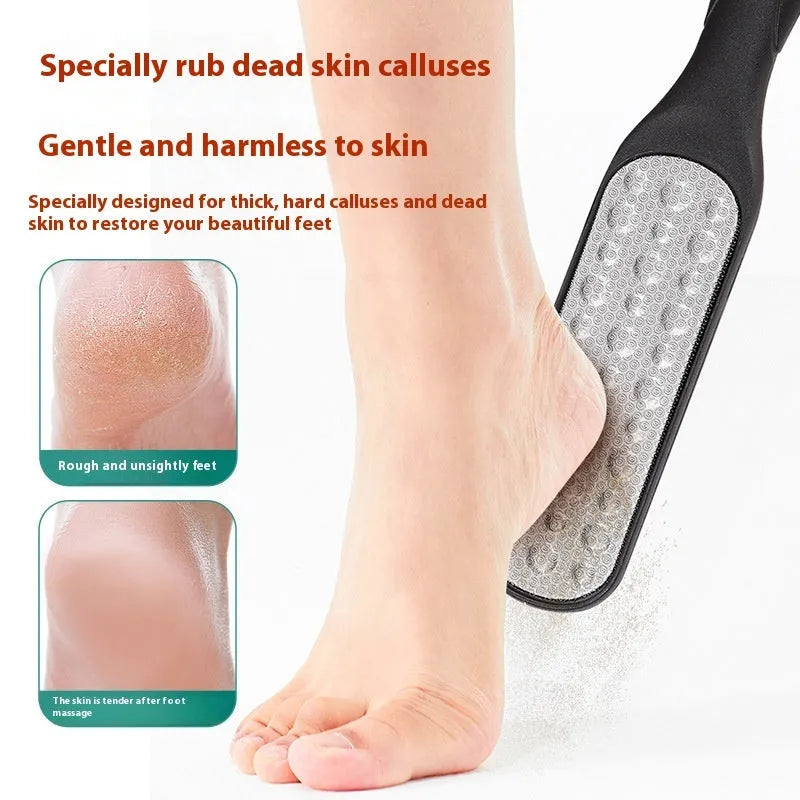Double-sided stainless steel foot grinder with protective OPP storage bag for callus removal