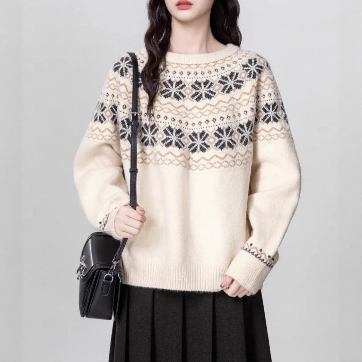 Women's Fair Isle crew neck pullover sweater with geometric pattern in milky white colour