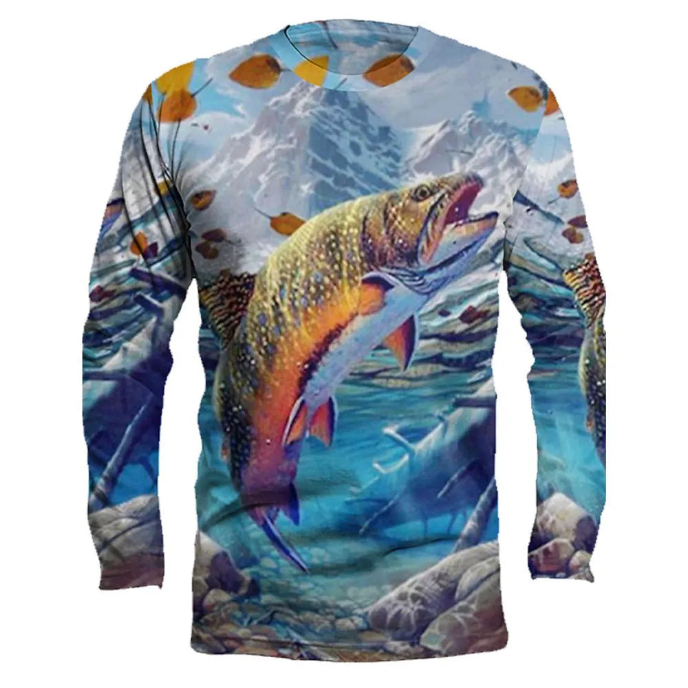 Men's fish printed long-sleeved pullover top in milk silk fabric with round neck