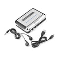 Silver USB cassette to MP3 converter unit with USB cable and earphones on a white background