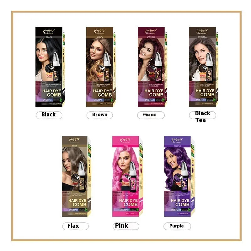 Hair dye kit with comb applicator and three 200ml bottles in brown, wine red, and dark brown shades