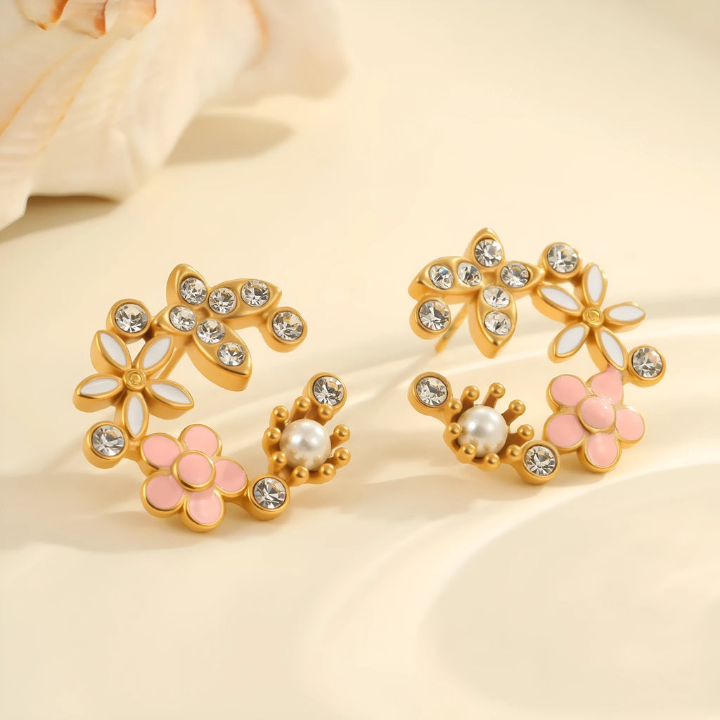 Flower stud earrings with petal design and 18K gold colour electroplating
