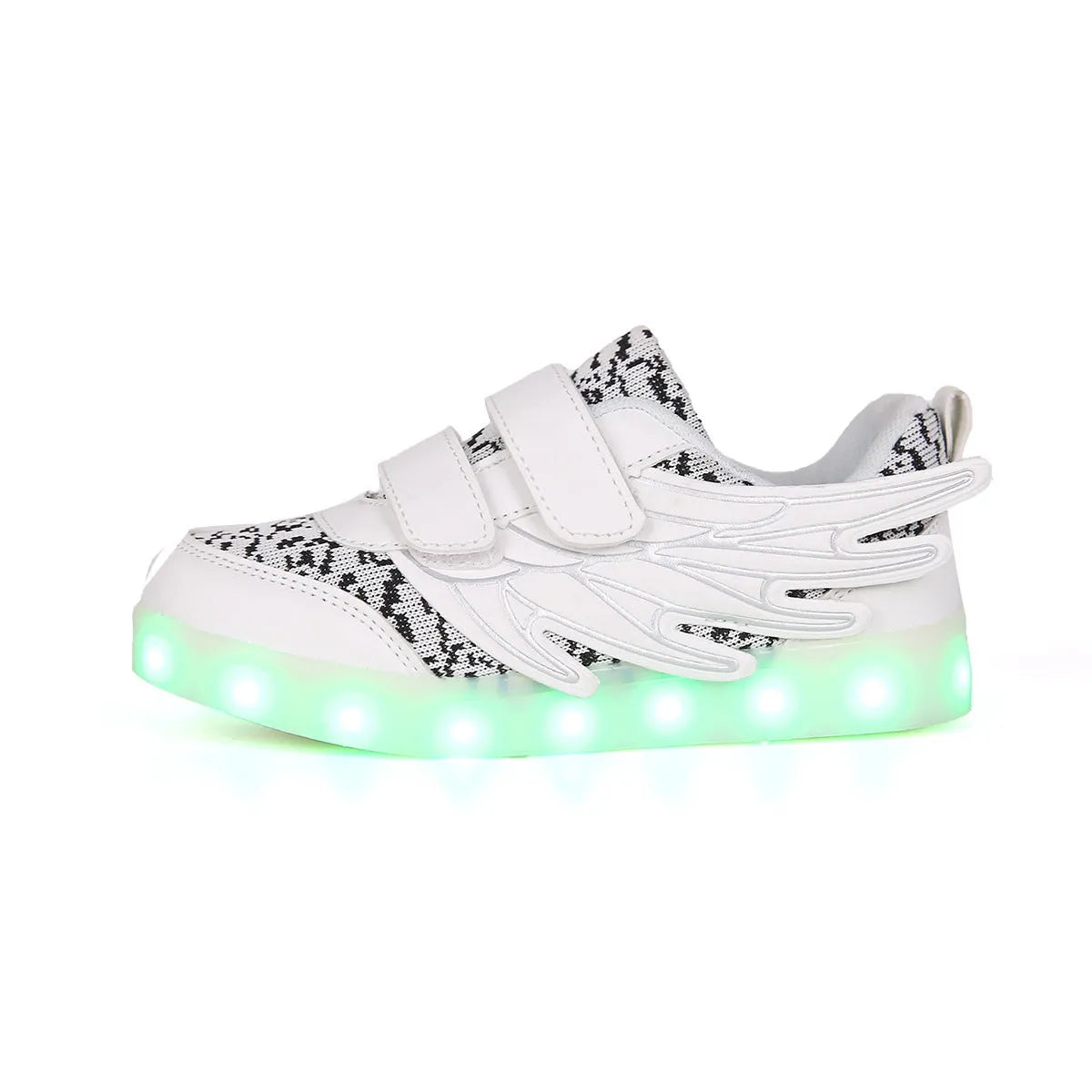 Children's plum red and white LED light up sneakers showing USB charging port and hidden mode switch.