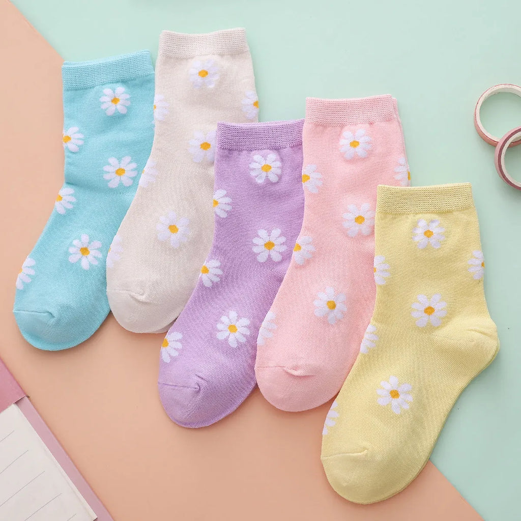 Children's cotton middle tube socks with smiley face and rainbow patterns, 5 pairs, sizes 1-15 years