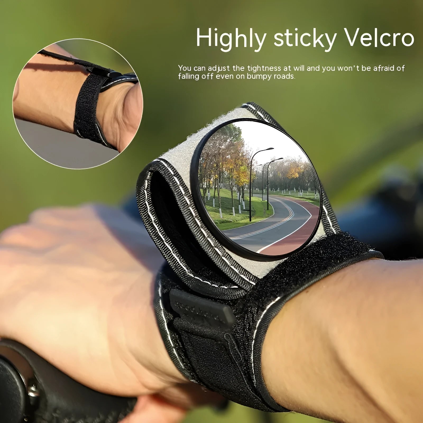 Black nylon wrist-mounted bicycle rear-view mirror for cycling safety