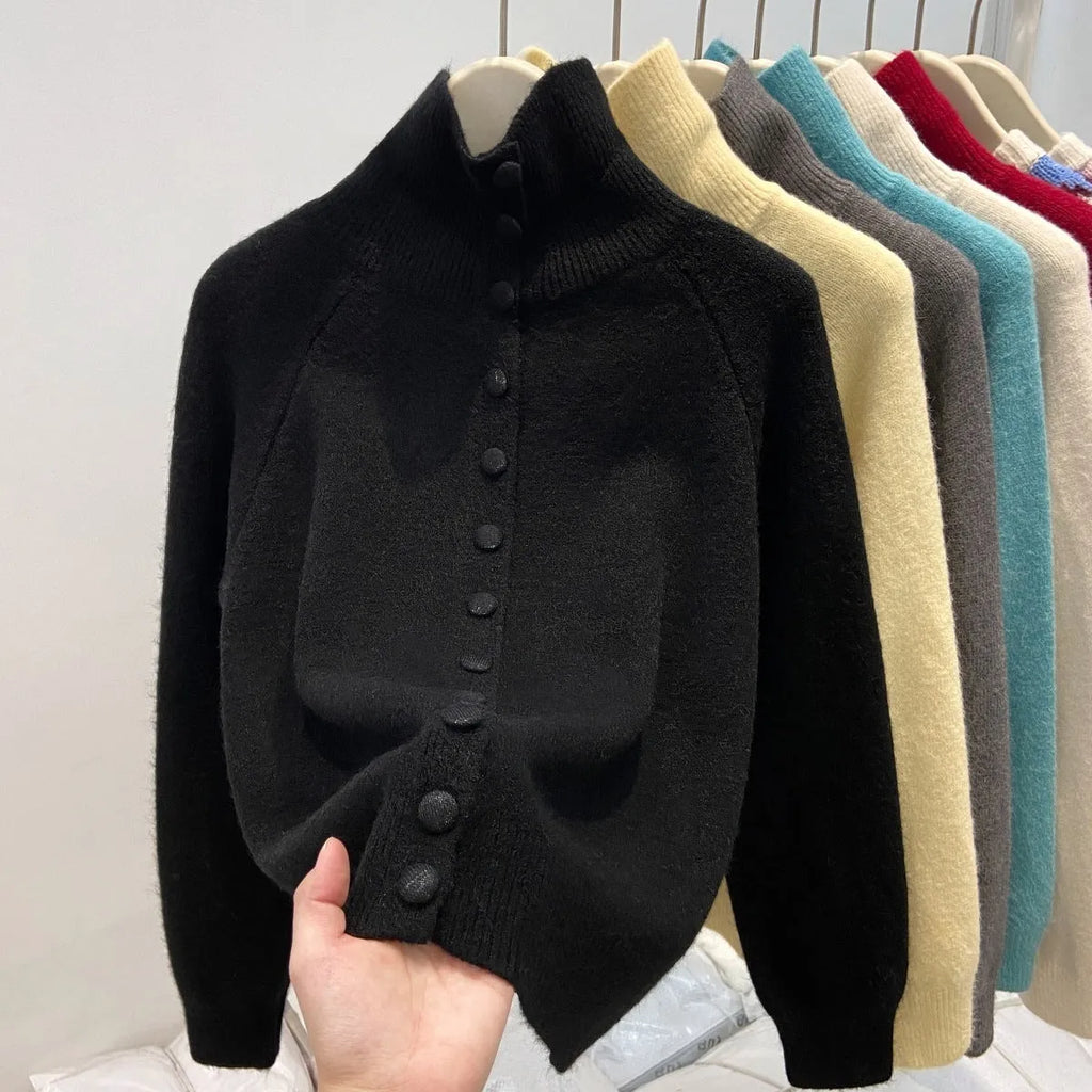 Women's turtleneck cardigan, loose thick polyester knit sweater with button front, in red yellow gray apricot blue black