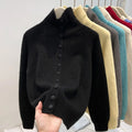 Women's turtleneck cardigan, loose thick polyester knit sweater with button front, in red yellow gray apricot blue black