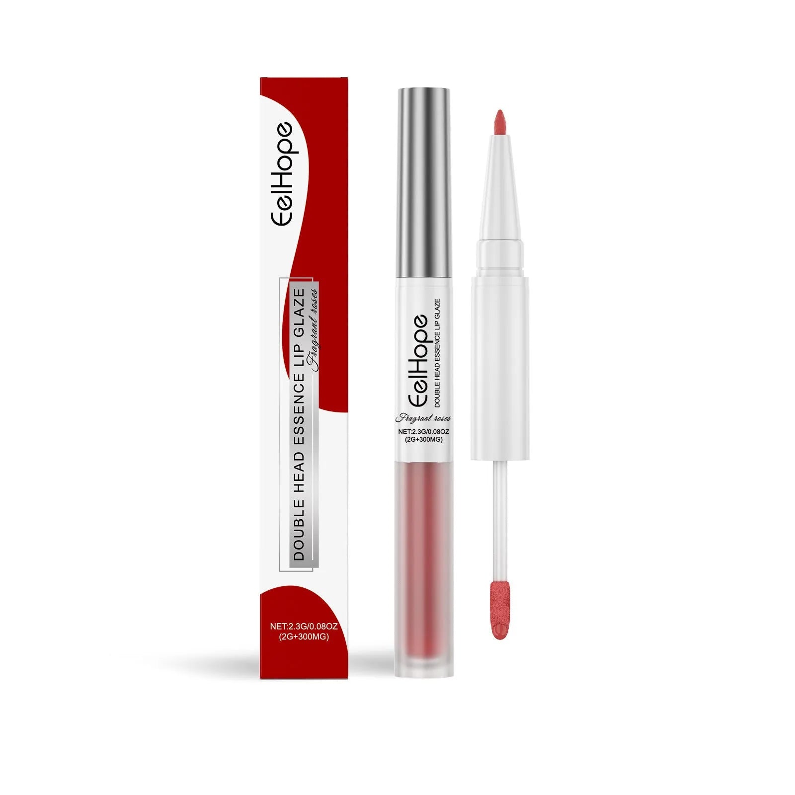 Double-headed lip liner and lip lacquer pen in a case, showing two colour-coordinated tips.