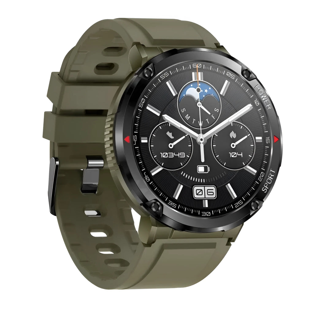 T30 smart watch with a black silicone strap on a wrist, showing a home screen with time and health metrics.