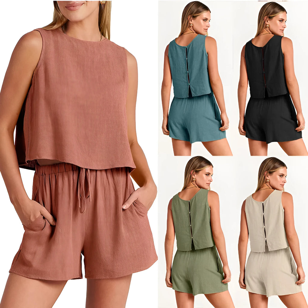 Women's summer two-piece set with sleeveless top and drawstring shorts in multiple colour options